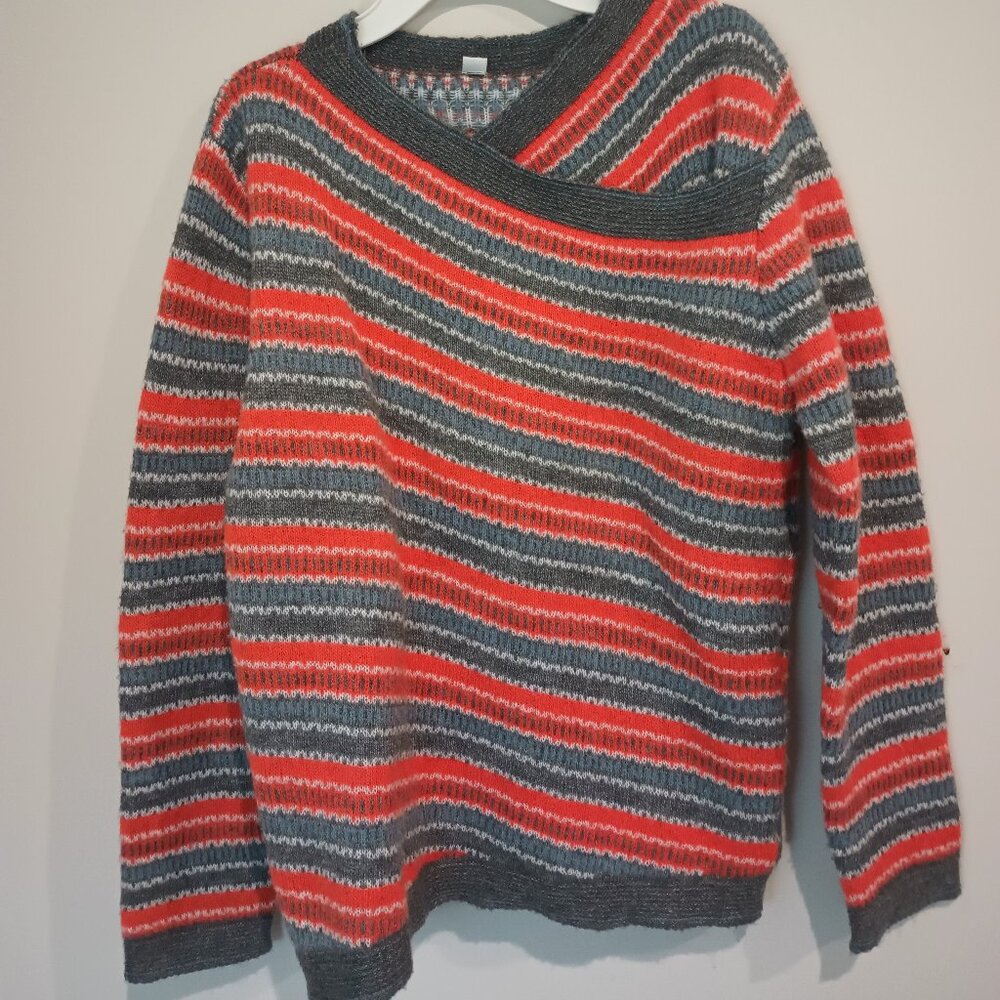 Women’s sweater, Orange, Gray, Blue, Criss Cross neckline, Small